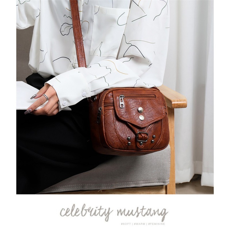 Women's Bag 2024 New Street Trend Fashion Crossbody Bag Soft Leather Shoulder Bag Washed Leather Small Square Bag