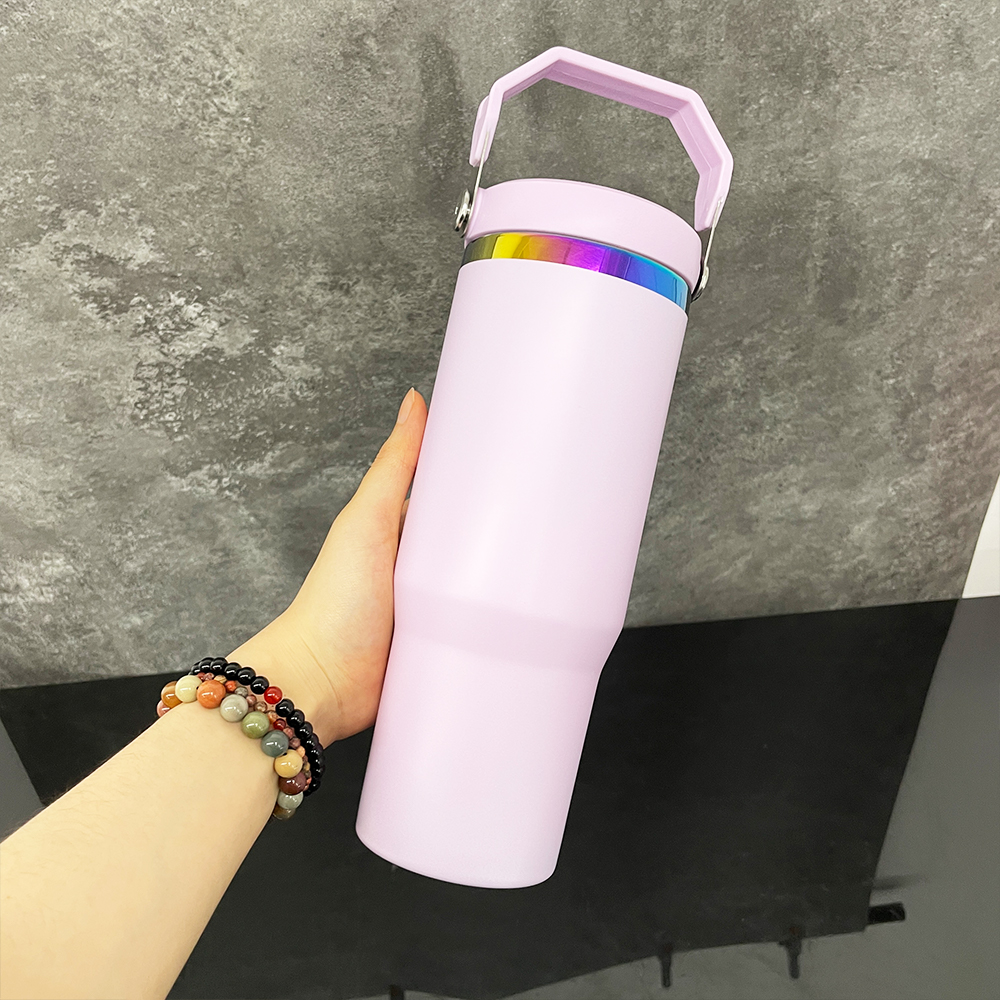 Flip straw 30oz matte macaron rainbow plated tumbler Leak proof stainless steel vacuum insulated travel mugs coffee cups for Laser engraving