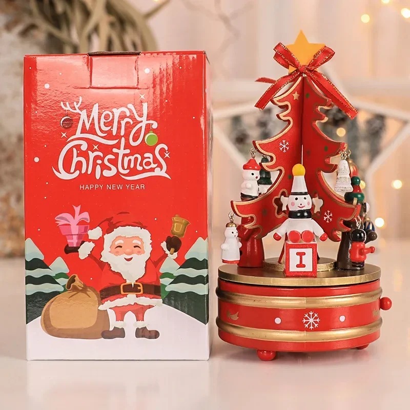 Christmas Wooden Music Box, Rotating Carousel Musicbox for Kids Gifts Xmas Tree Decoration