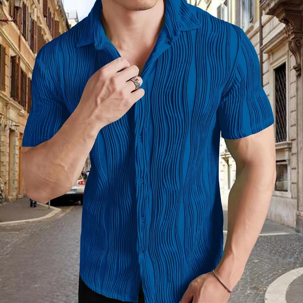 Mens Solid Color Wave Textured Button Up Short Sleeves Shirt 240816