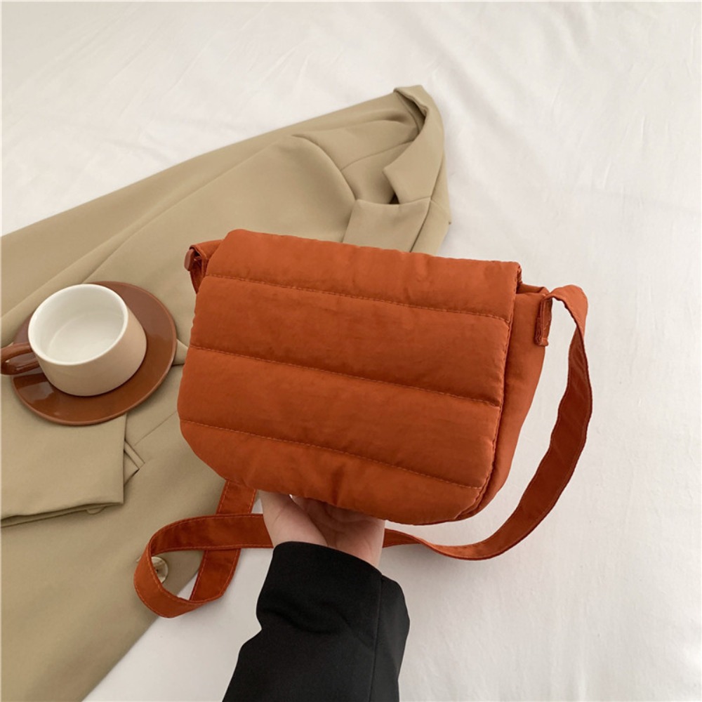 Small Quilted Cotton Shoulder Bag Nylon Wide Straps Puffer Tote Bag Flip Up Solid Color Puffy Handbag School