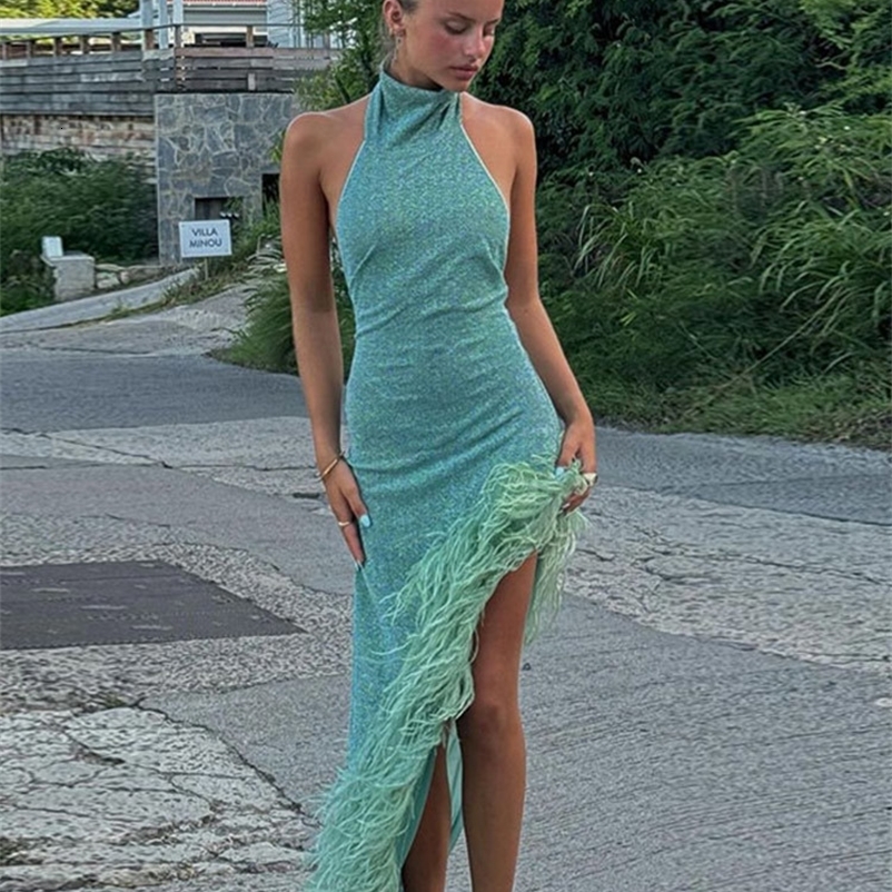 Asymmetric Feather Hem Evening Dress Women Sexy Halter Off Shoulder Sleeveless Backless Slim Robes Lady Club Party Dresses 241105