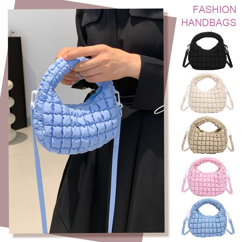 Pleated PU Leather Handbag Women Quilted Shoulder Bag Solid Cloud Bubbles Hobo Removable Strap Cute Pouch for Party Vacation
