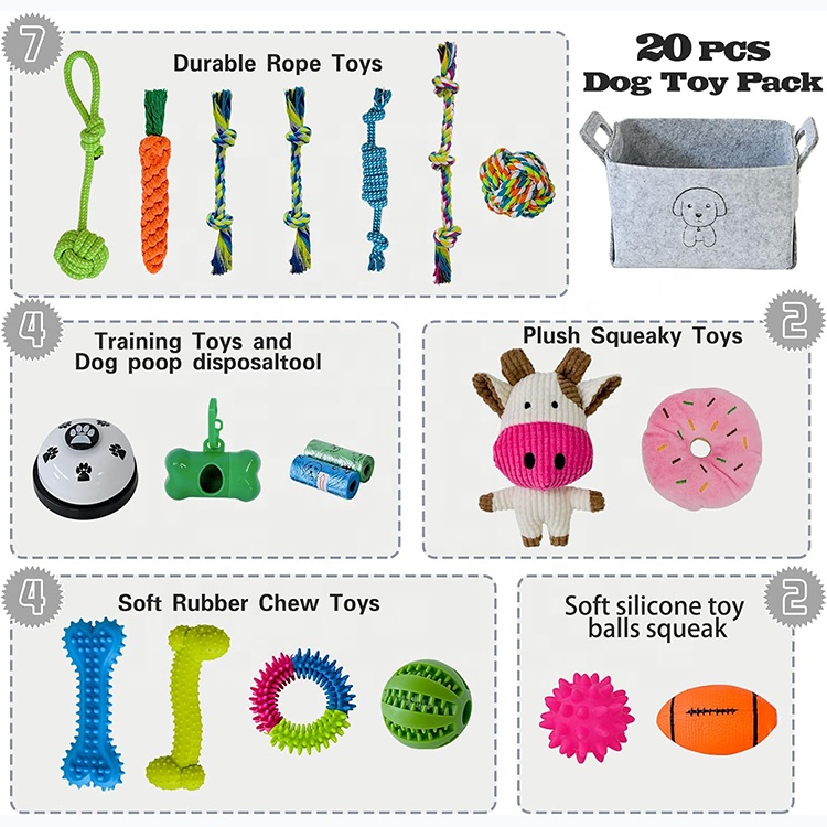 20 PCS Puppy Chew Toys Dog Accessories Pet Supplies Dog Plush Squeaky Toys With Basket