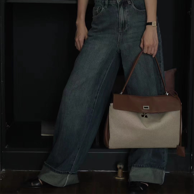 Brown Canvas And Leather Shoulder Bag Brand High-end Large-capacity Genuine Leather Fashion Tote Shoulder Handbag Crossbody Bag