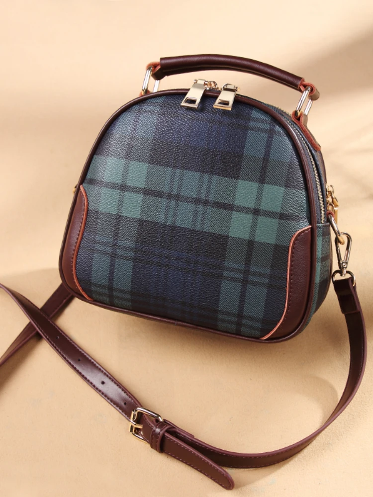 Leather bag women's new versatile fashion handbag plaid small round Korean shoulder messenger bag
