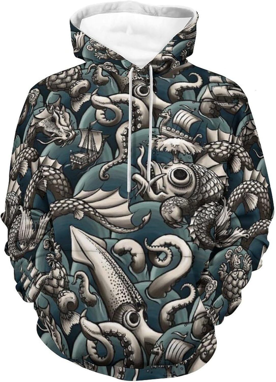 Hoodie for Mens Womens Sea Monsters Hoodies for Men 3D Print Pullover Hooded Drawstring Loose Sweatshirt with Big Pockets Graphic