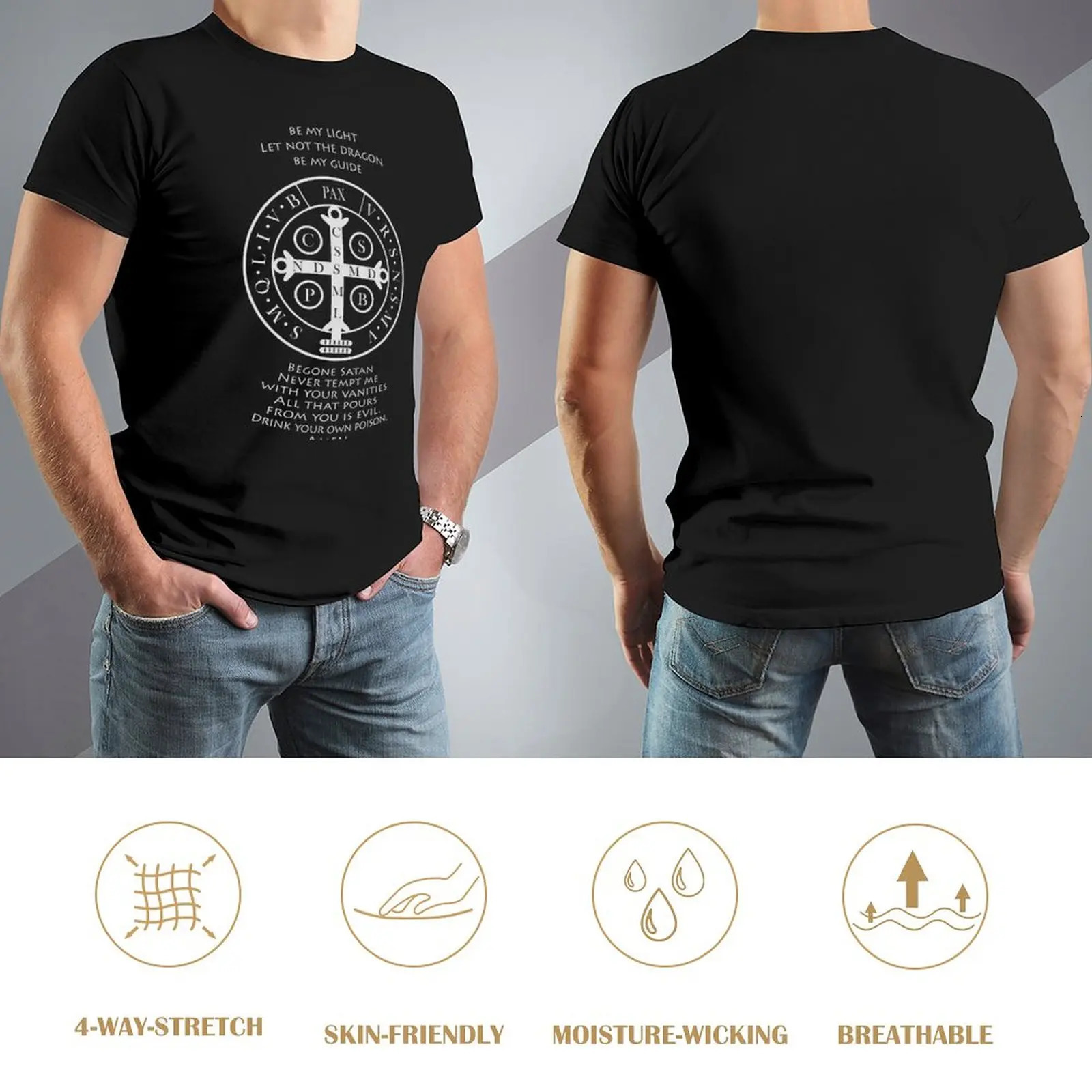 Saint Benedict Medal with prayeron black T-Shirt plain t-shirt anime clothes blank t shirts oversized t shirts for men 240319