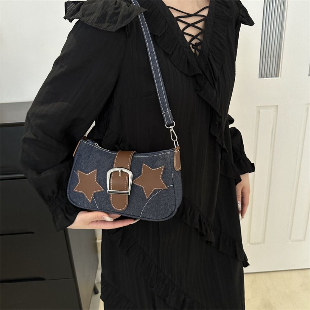 Minimalist Hasp Star Shoulder Bag PU Harajuku Y2k Underarm Bag Zipper Korean Style Denim Handbag Girls