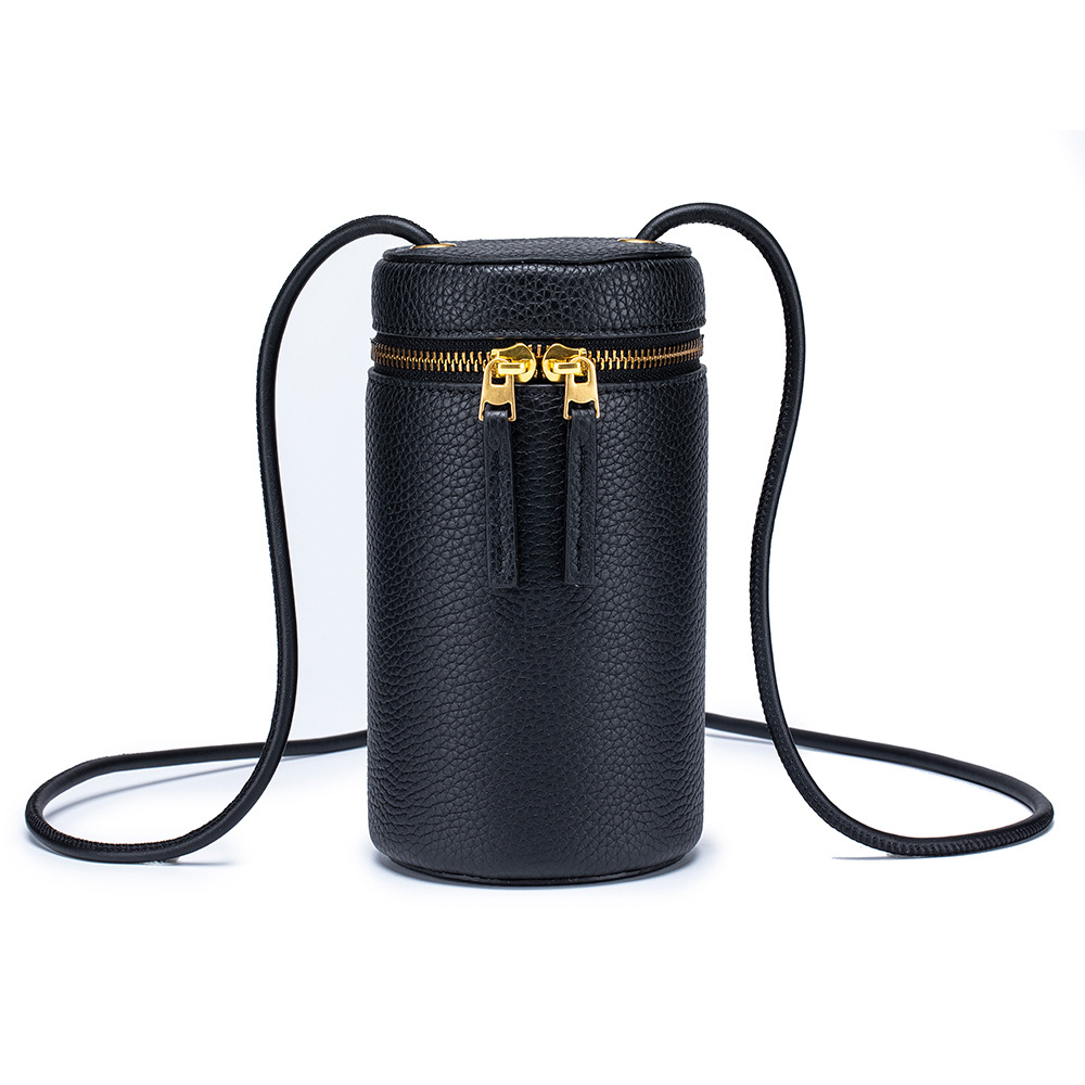Top layer cowhide versatile bucket niche crossbody fashionable cylindrical bag, genuine leather shoulder bag