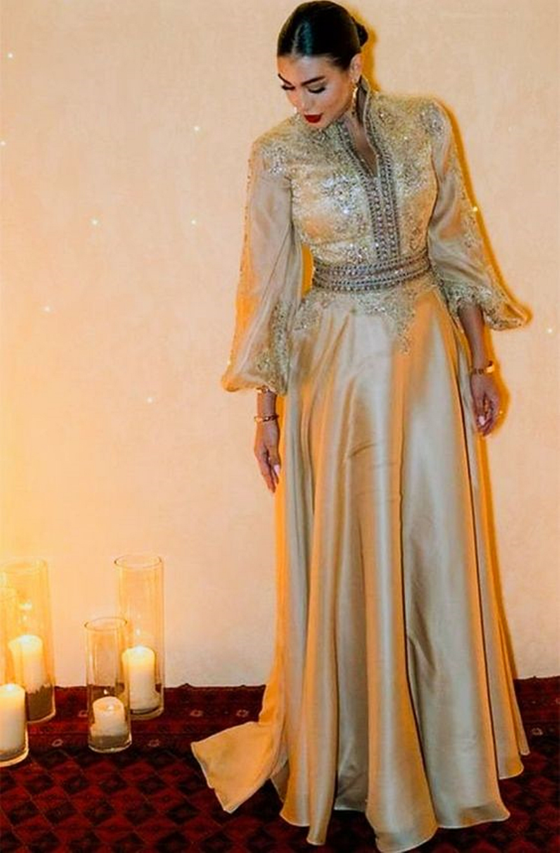 Elegant Morocan Kaftan Champagne Prom Dresses Long Sleeves Western Special Occasion Dress For Women 1980S Plus Size Evening Formal Dress Floor Length