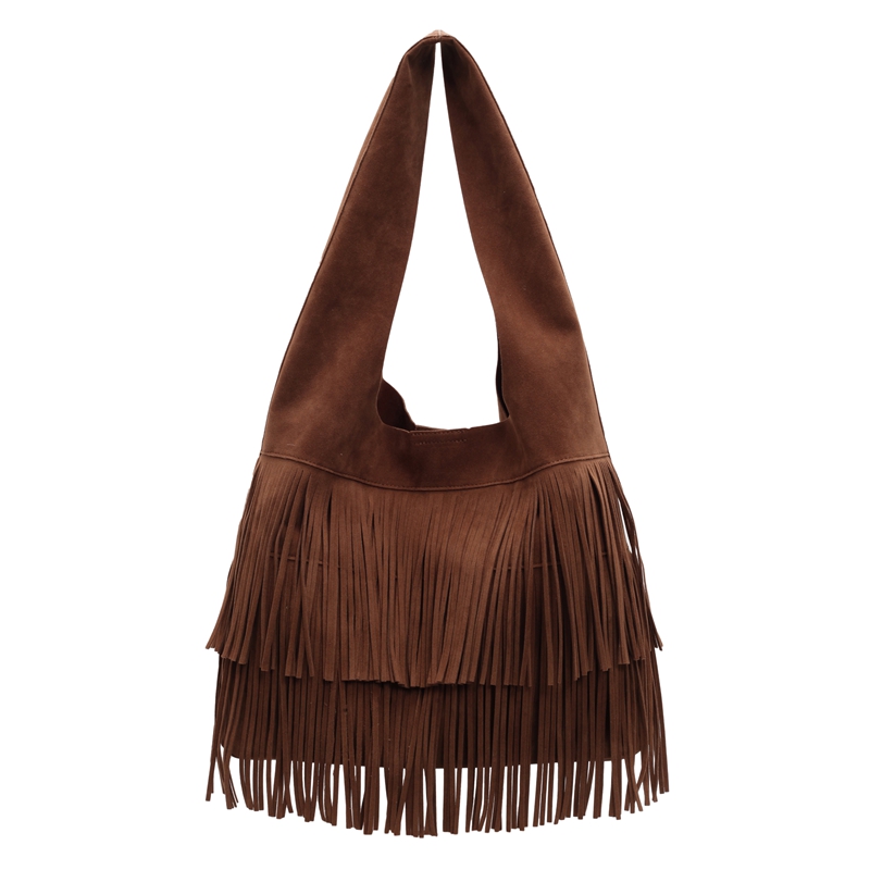 Women Frosted Tassel Shoulder Bag Faux Suede Travel Tote Handbag Large Capacity Vintage Tote Bag Female Shopping Bag