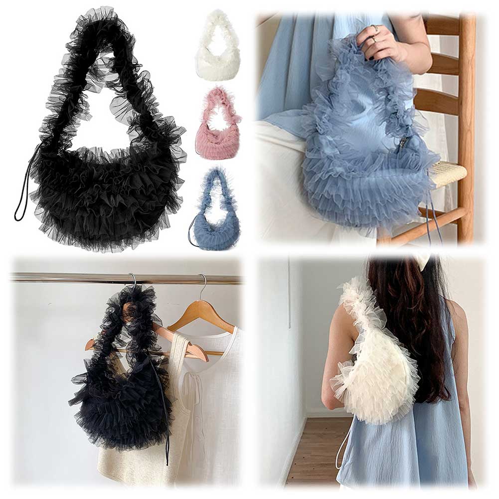 Women Lace Pleated Handbag Solid Color Ruched Tote Handbag Large Capacity Fashion Underarm Bag for Party Wedding