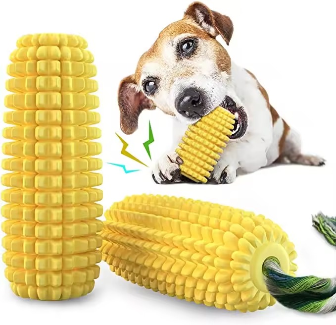 WholesaleHot Sale Durable Corn Shaped TPR Dog Toothbrush Teeth Cleaning Toys Pet Chew Squeaky Toy