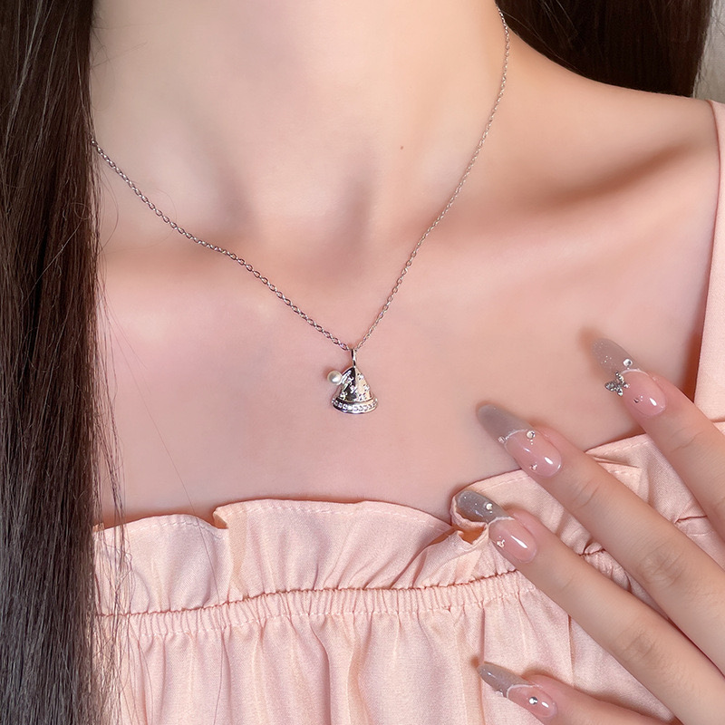 Festive Women's Necklace with Faux Pearl and Cubic Zirconia Christmas Hat Charms