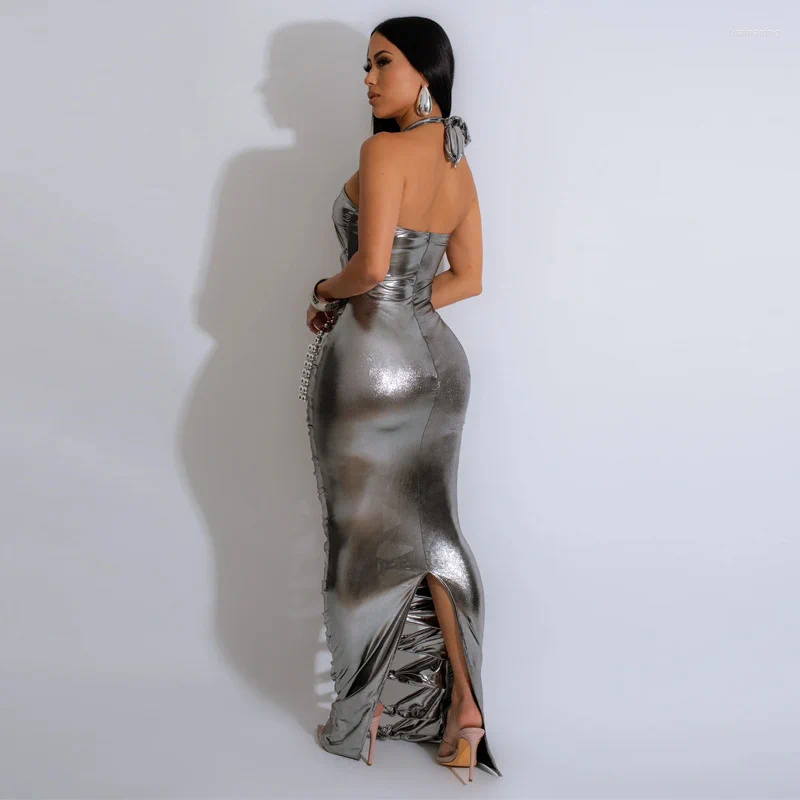 Casual Dresses Metallic Party Night Long Dress Women Y2K Clubwear Halter Backless Hollow Out Sheath Metal Ring Bandage Bodycon Maxi