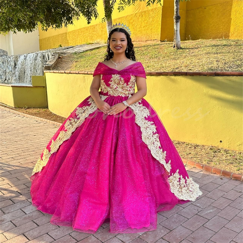 Sparkly Hot Pink Quinceanera Dresses With Gold Appliques Off Shoulders Ball Gown Vestidos De 15 Anos Birthday Vestios Xv Debutante 2025 Sweet 16 Party