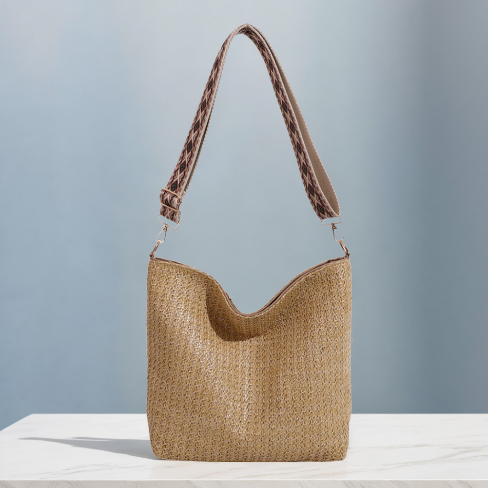 Straw Woven Shoulder Bag Adjustable Strap Women Crossbody Bag Zipper Solid Underarm Bag for Travel Vacation