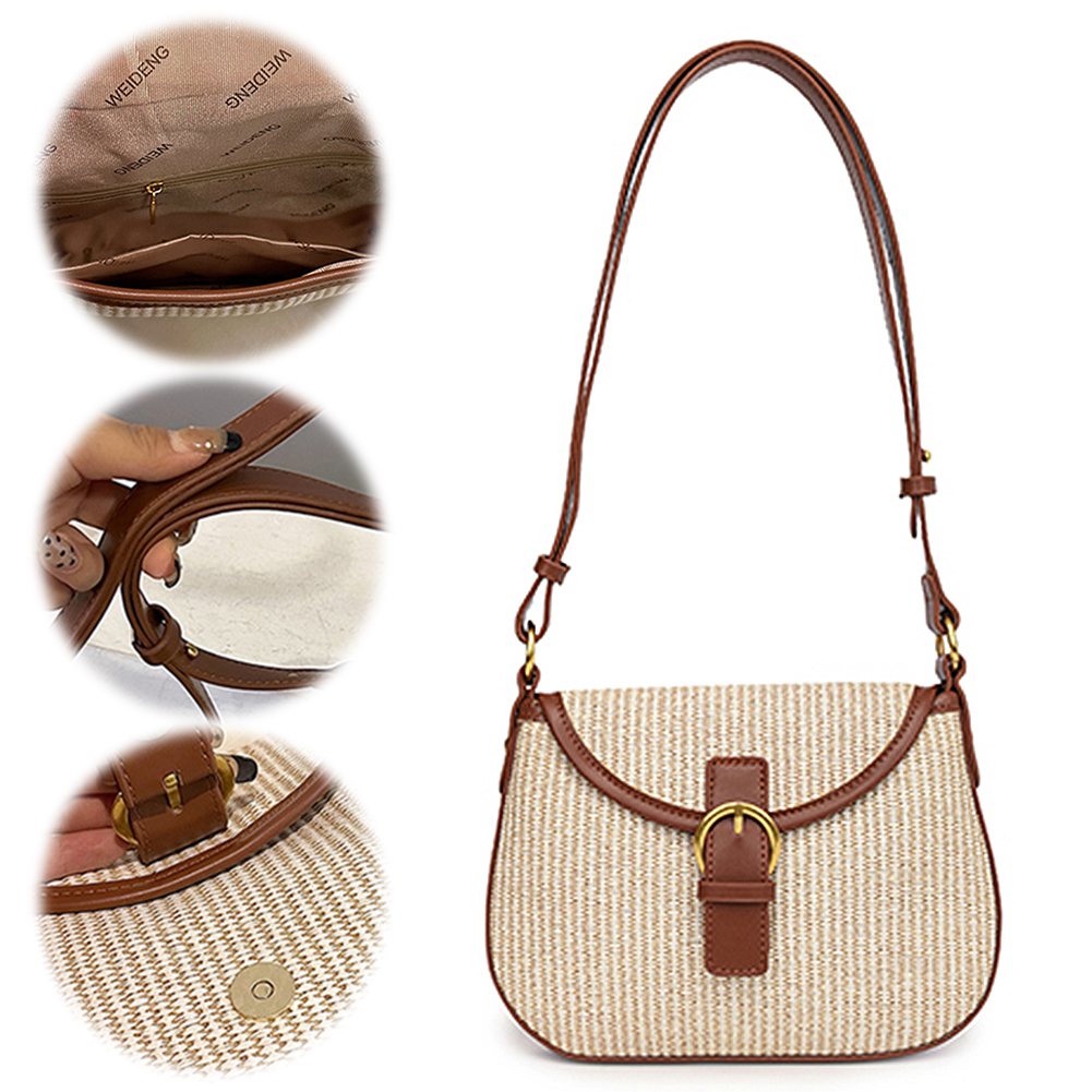 Women Crochet Hobo Bag Adjustable Strap Weaving Satchel Bag Hasp Closure Flap Straw Beach Bag Ladies Summer Daily Bag