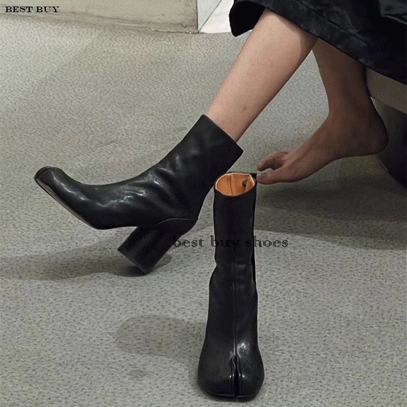 2024 Brand Design Tabi Split Toe Chunky High Heel Boots Leather Atos Mujer Fashion Autumn Women Men Shoes Botas