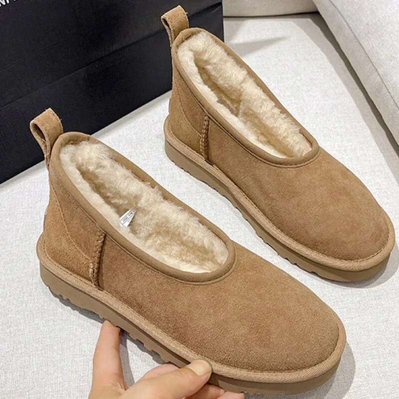 Women Fur Flats Platform Warm Snow Boots Suede Cozy New Femme Loafer Shoes 2025 Winter Short Plush Designer Botines Para Mujeres