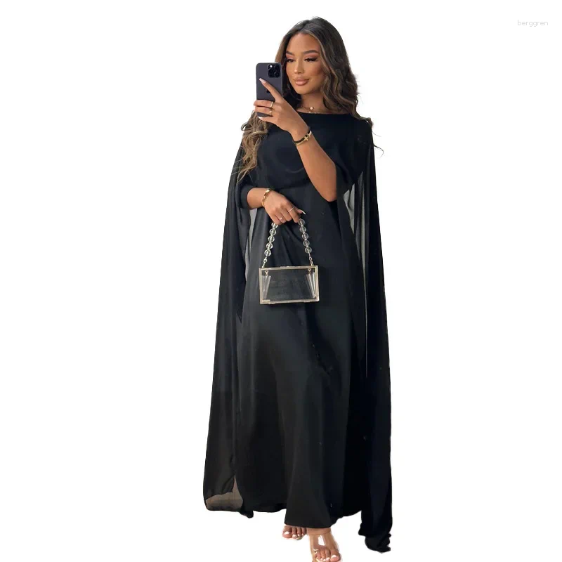 Casual Dresses Autumn Fashion Muslim Women Dress Elegant Solid Chiffon Cloak Satin Dubai Abaya B4