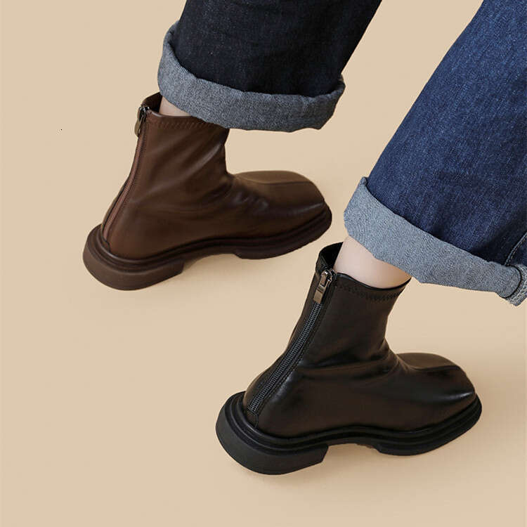 2025 Britain Retro Square Toe Ankle Boots Luxury Fashion Chelsea Boots New Low Heels Platform Women Shoes Botas De Mujer