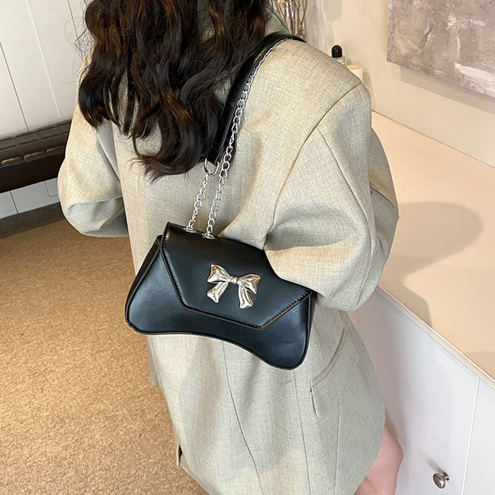 Women PU Bow Fashion Shoulder Bag Large Capacity Stylish Messenger Bag Solid Color Elegant Handbag Chain Strap Travel Sling Bag