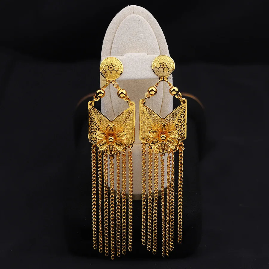 Dubai Indian Necklace Earrings Big Pendant Tassel Jewelry Set Gold Color For Women Nigeria African Bridal Wedding Party Jewelery 241107