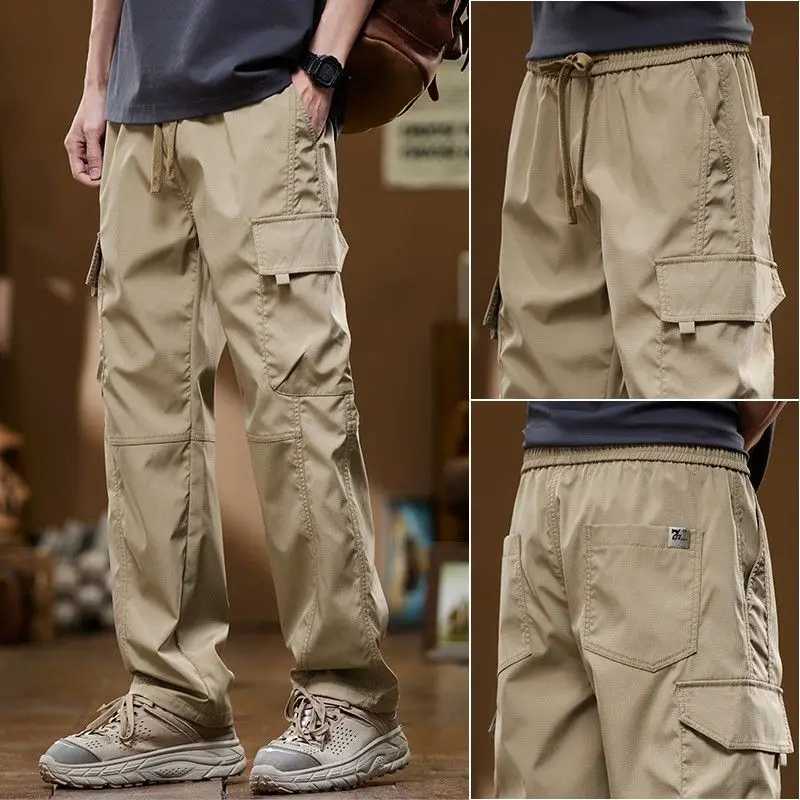 American High Street Fashion Casual Cargo Pants Men Solid Elastic Waist Drawstring Patchwork Pockets Versatile Straight Trousers LX241107