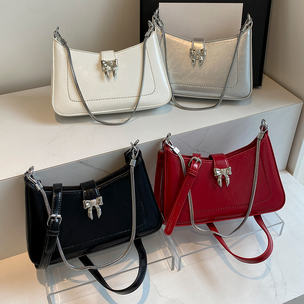 Fashion Bowknot Crossbody Bag PU Leather Purse Zipper Closure Underarm Bag with Chain for Women Work Shopping Travel