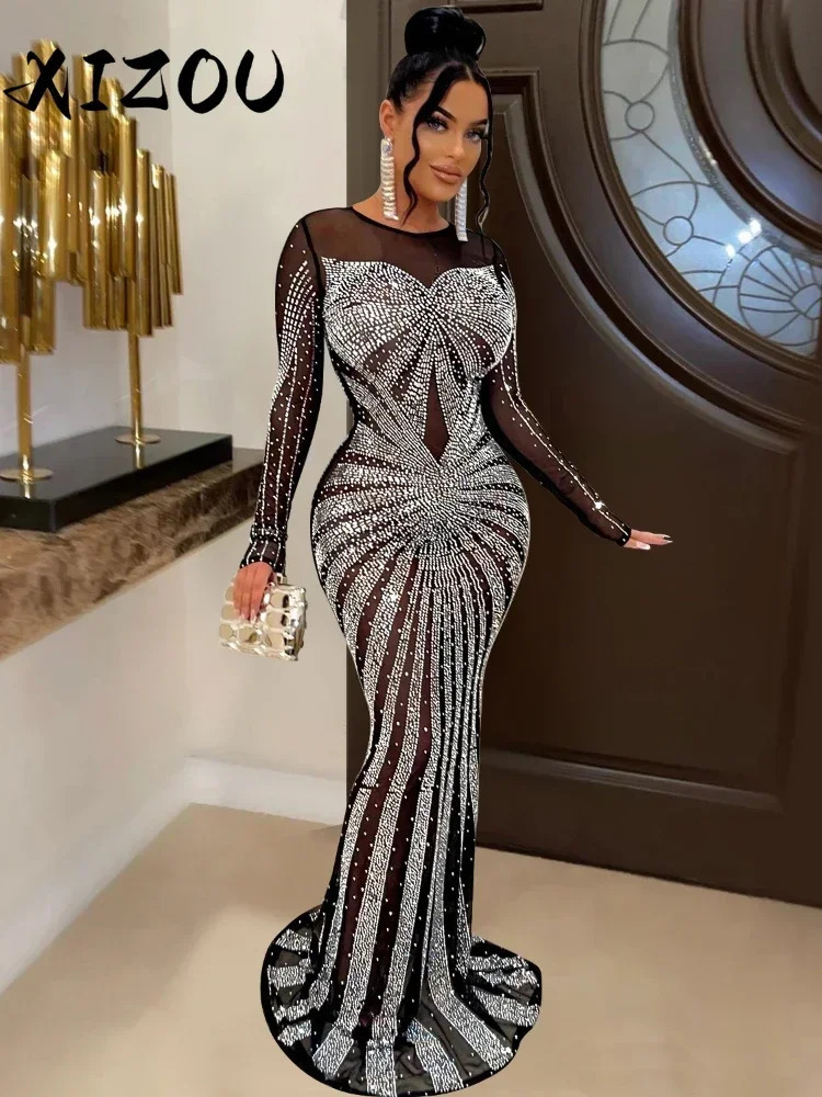 XIZOU Women Mesh Patchwork Diamonds Rhinestones Floor Length Bodycon Mermaid Maxi Dress Sexy Party Evening Vestidos 241108