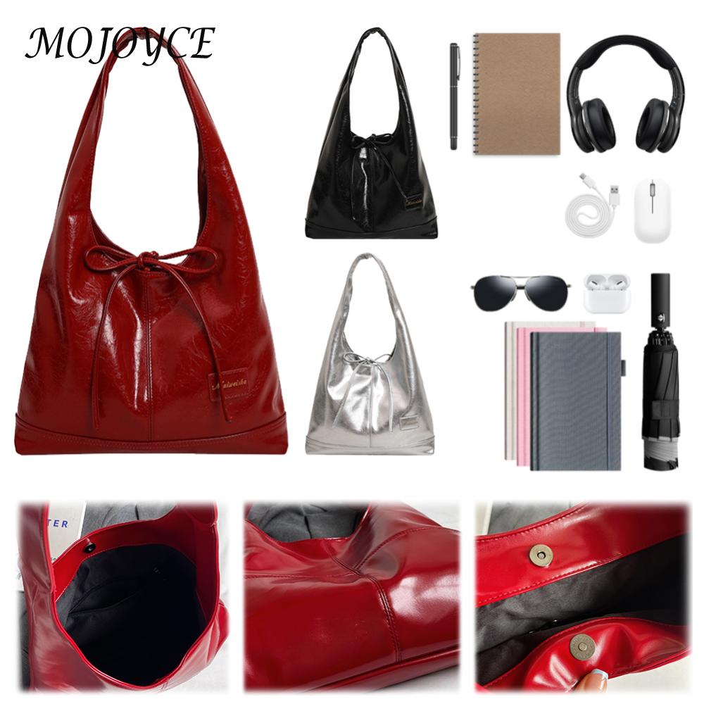 Women PU Bow Shoulder Bag Fashion Shoulder Bag Large Capacity Top Handle Handbag with Small Pouch Retro Tote Bag Trendy Hobo Bag