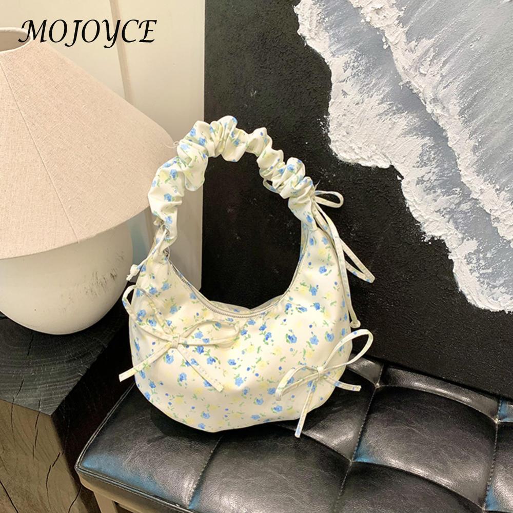 Shoulder Bag for Women Floral Crescent Bag Cloth Bowtie Handbag Ruched Clutch Purse for Commuting Travel