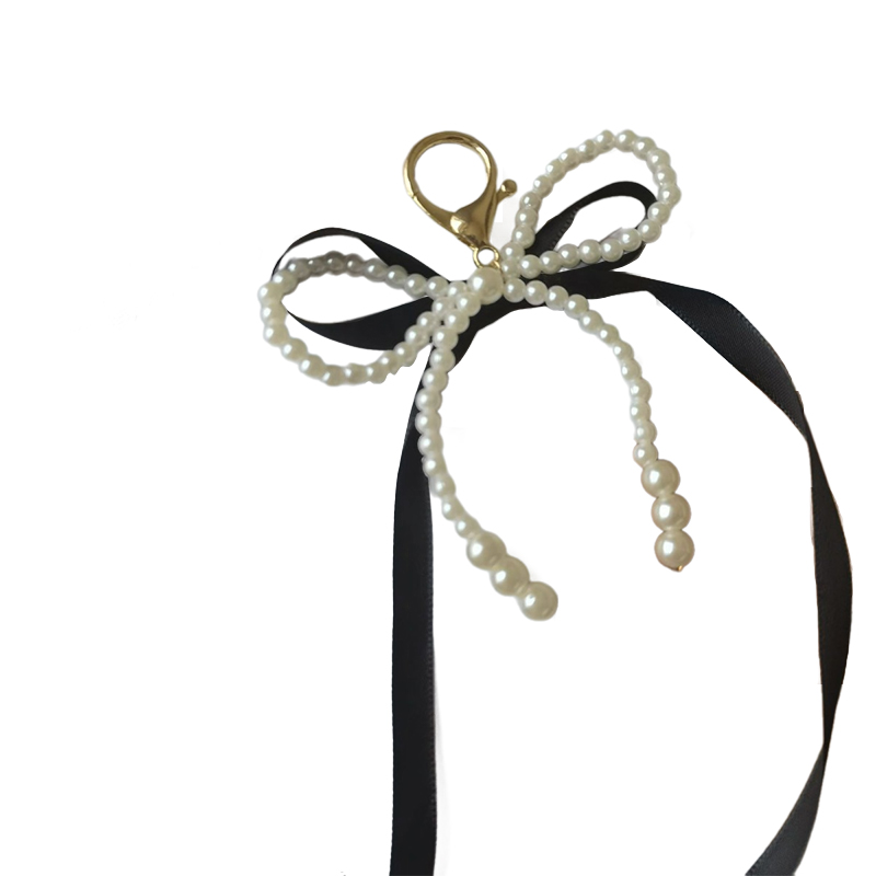 Y2K Ribbon Bowknot Pearls Bag Pendant Charm Keychain Elegant Beaded Keyring Sweet Key Chain Phone Key Bag Hangings