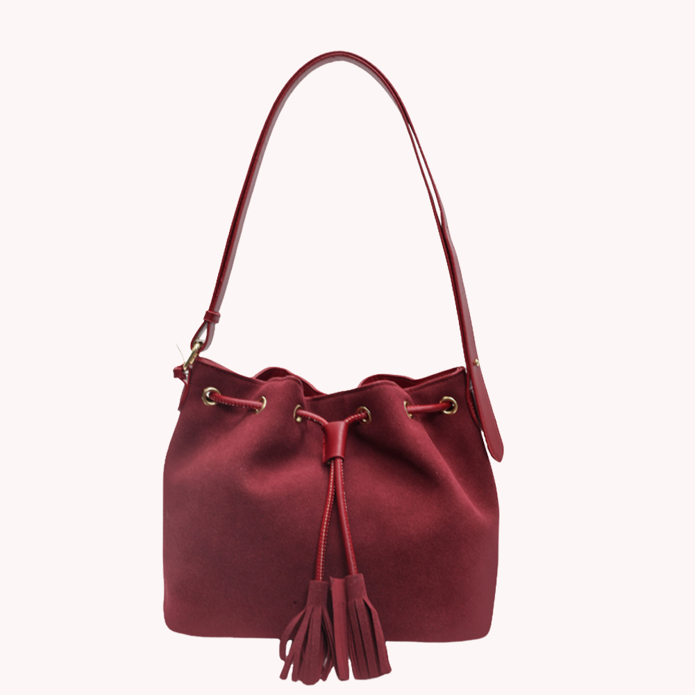 Women Suede Shoulder Bag Adjustable Strap Retro Handbag with Tassel Bucket Bag Solid Color for Work Travel
