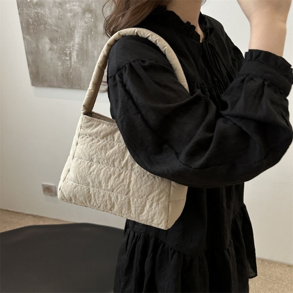 Square Quilted Padding Shoulder Bag Nylon Wide Straps Puffer Underarm Bag Lightweight Canvas Puffy Handbag School