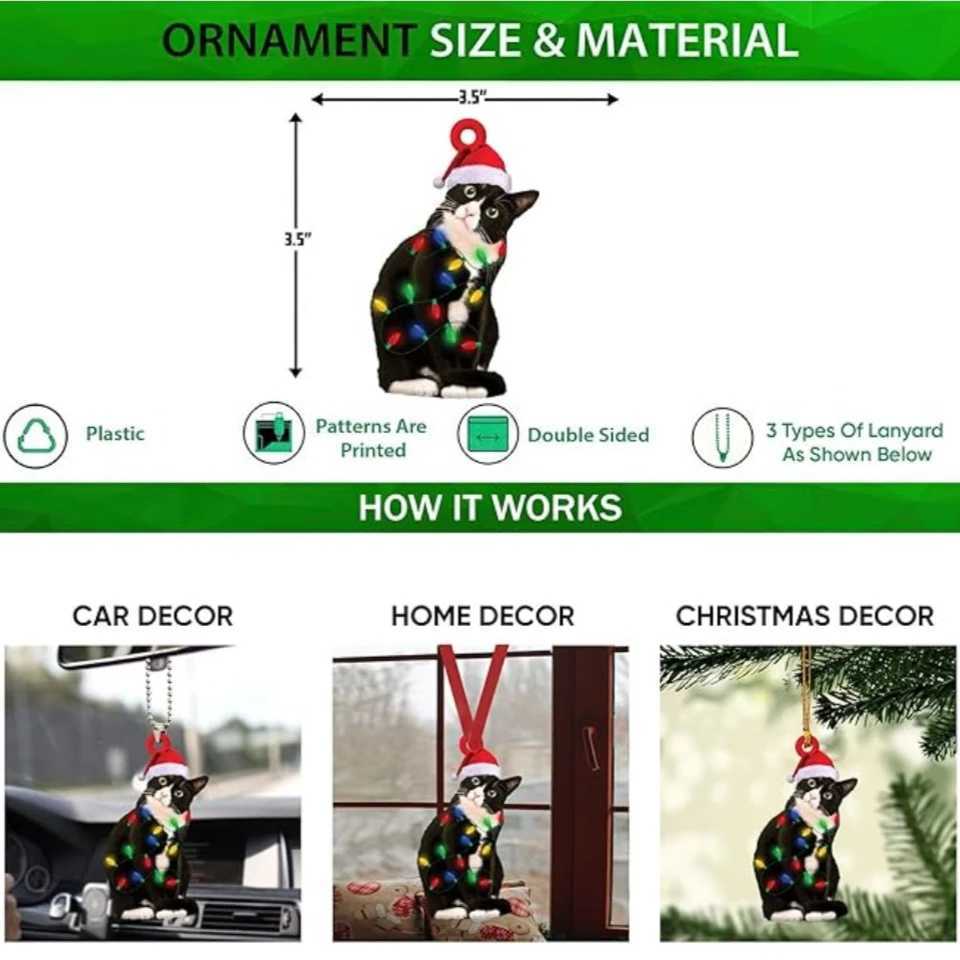 Charming Black Cat Christmas Ornament 2D Acrylic Hanging Decor for Tree Car Mirror Keychain Kid Xmas Gift Holiday Party SuppliesXJ241107