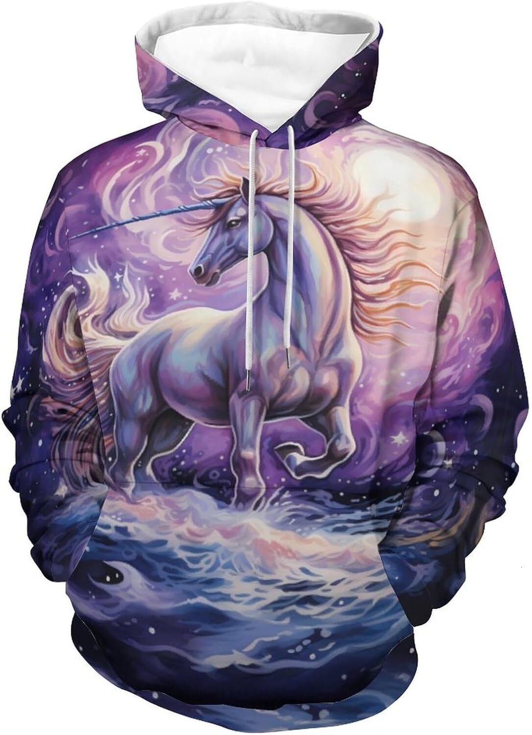 Hoodie for Mens Womens Colourful Unicorrn on Ocean in Night Hoodies for Men 3D Print Pullover Hooded Drawstring Loose Sweatshirt with Big Pockets Grap
