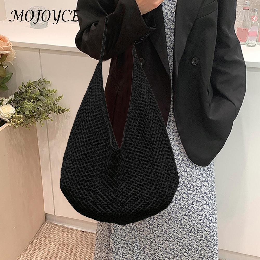 Women Crochet Tote Bag Mesh Shoulder Bag Solid Knit Bag Large Capacity Handbag for Vacation Travel Shopping