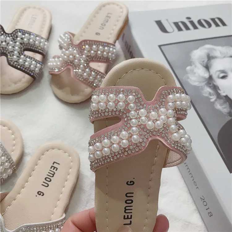 Slipper Cheap Fashion Kids Girls Slippers Summer Shoes H Pearls Crystal Princess Sandals Slippers Home Outdoor Children Girl Slides 2448