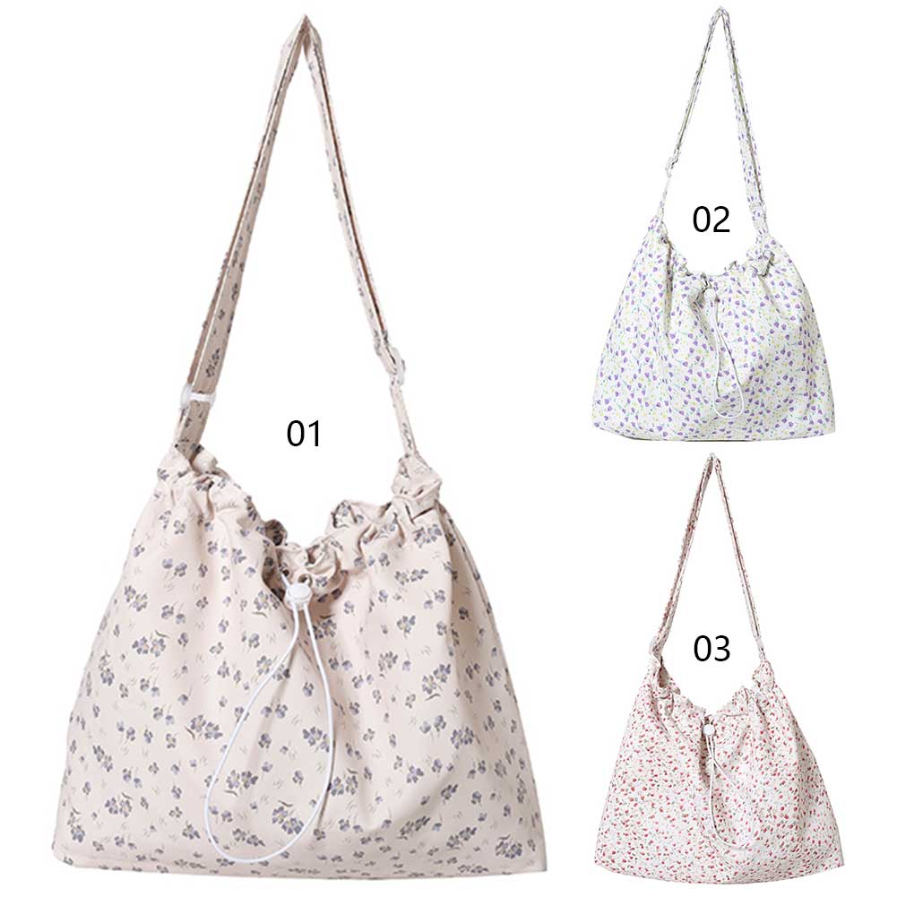 Women Fashion Shoulder Bag Large Capacity Drawstring Floral Crossbody Bag Adjustable Strap Simple Sling Bag Daily Commuting Bag
