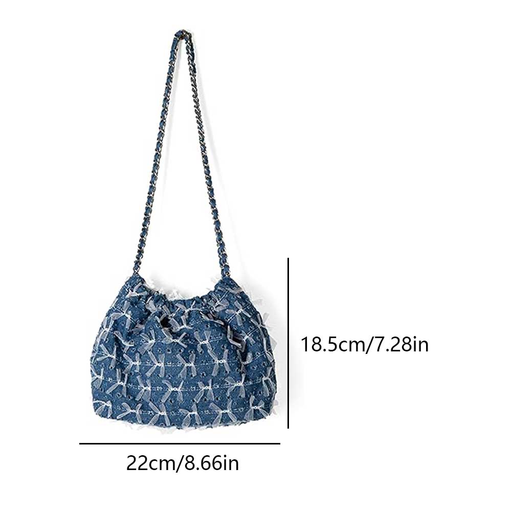 Women Denim Bucket Bag Pleated Crossbody Bag with Chain Shoulder Bag Hobo Bag for Work Travel