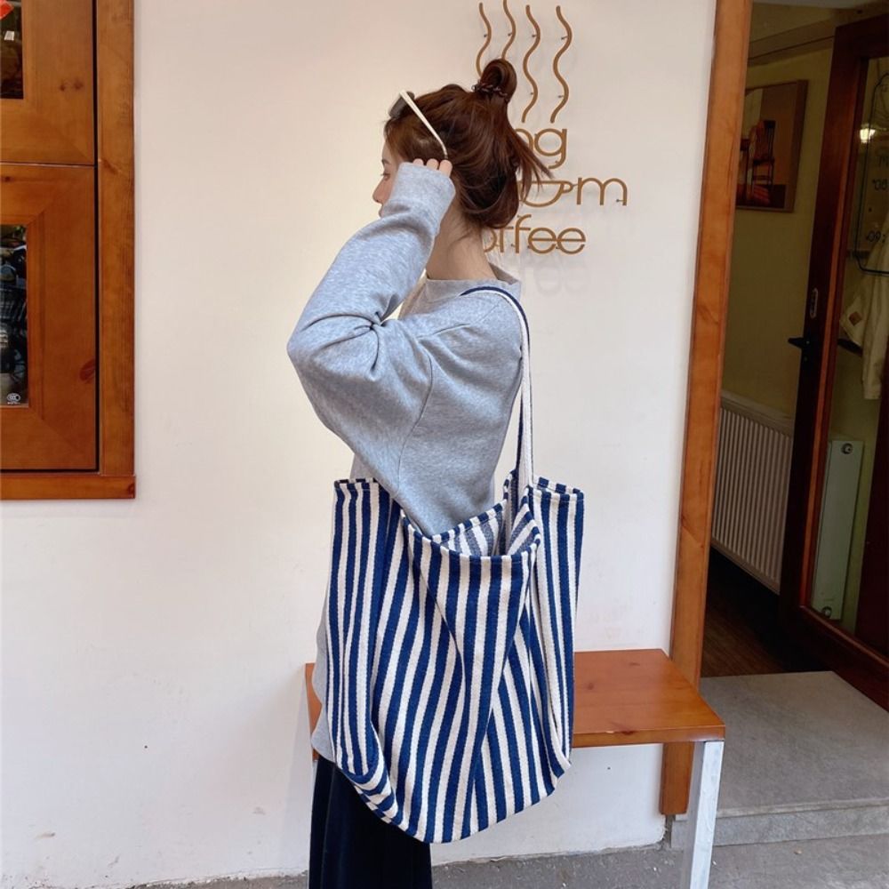 Simple Retro Large Capacity Stripe Bag Tote Commute Canvas Shoulder Bag Daily Handbag Shopping Bag Girls