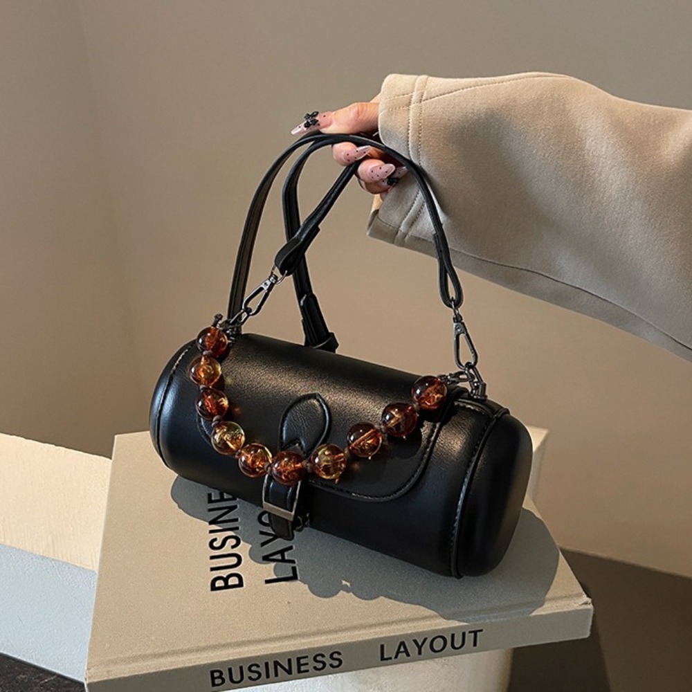 Vintage Zipper Boston Handbag Round Beaded Chain Retro Saddle Bag Large Capacity Barrel Shape Cylinder Crossbody Bag Outdoor