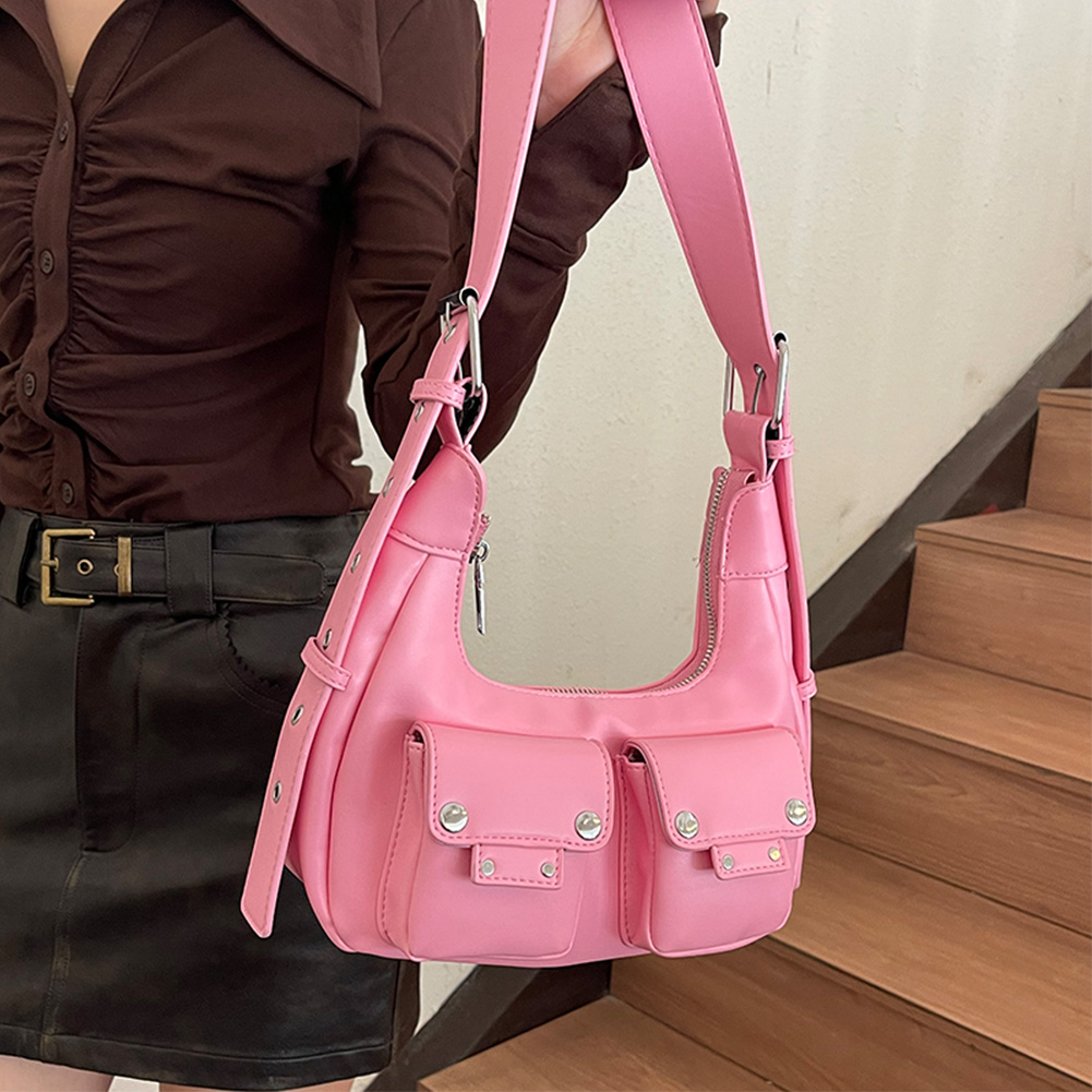Women Crescent Bag with Double Pockets PU Leather Handbag Adjustable Strap Crossbody Bag Hobo Bag Travel Commuter Bag