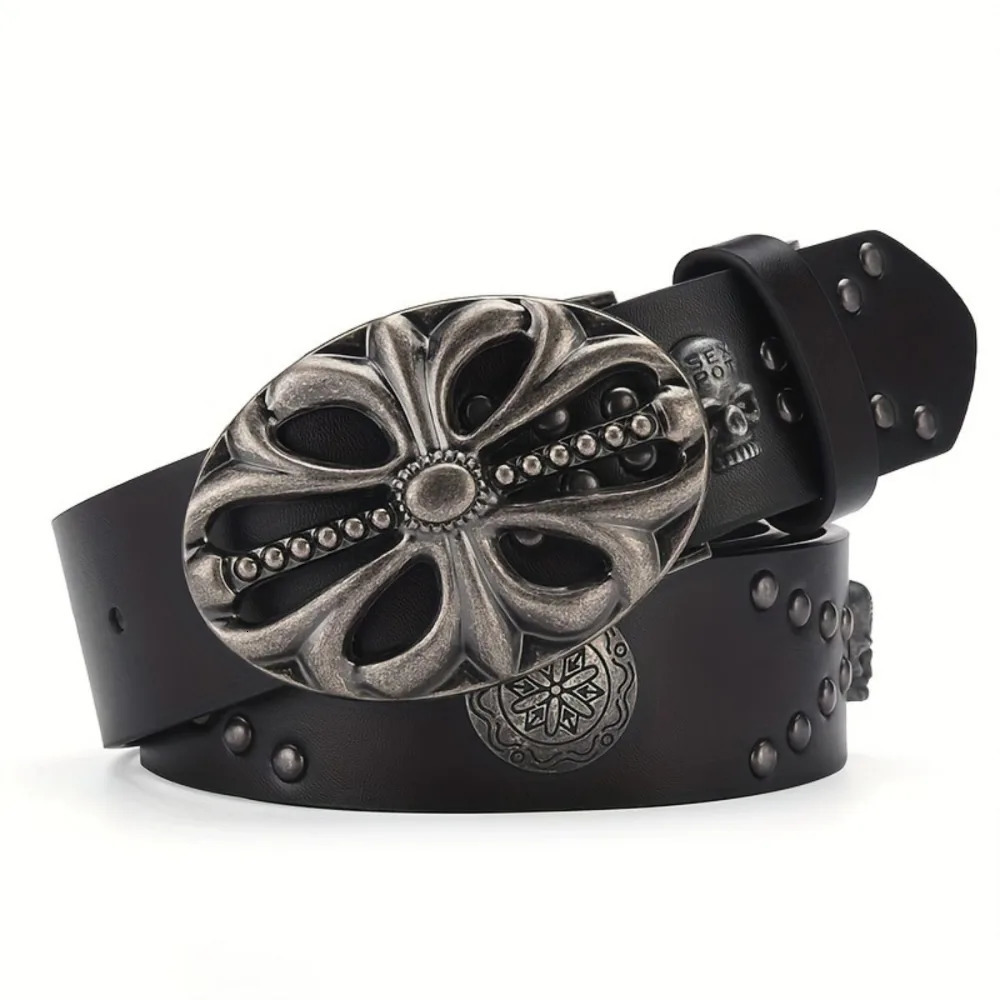 Vintage Skeleton Head Bohemian Style Belt Hip Hop Punk Leather Belt Riveted Pants Bands Y2K Style 241107