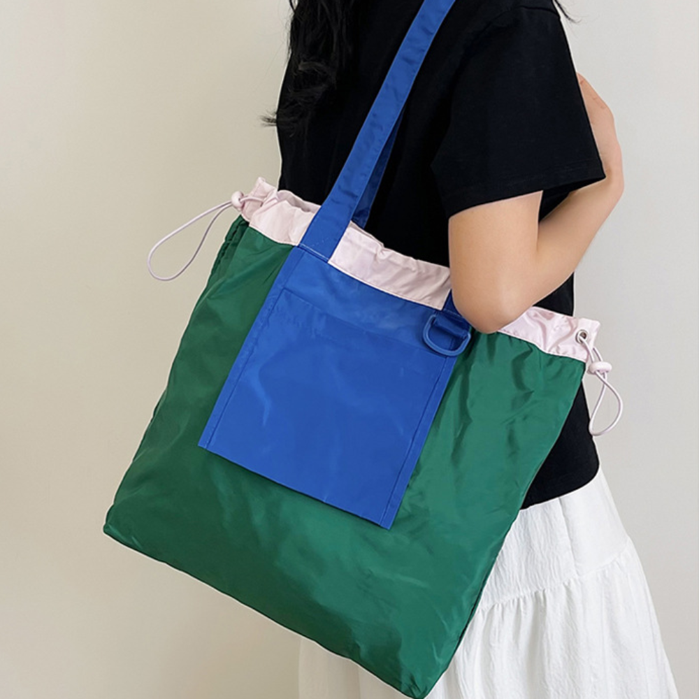 Colored Foldable Shopping Bag Reusable Environment-Friendly Pocket Handbag Large Capacity Waterproof Drawstring Tote Bag Outdoor