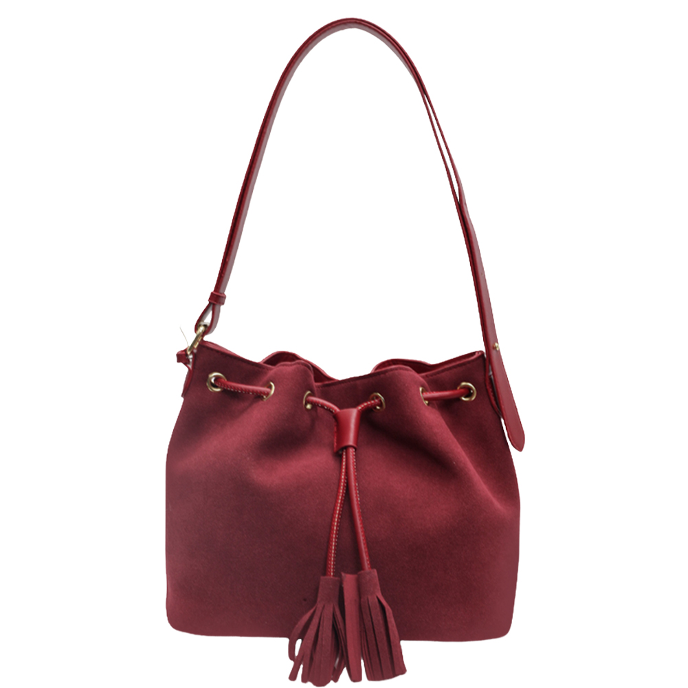 Women Suede Shoulder Bag Adjustable Strap Retro Handbag with Tassel Bucket Bag Solid Color for Work Travel