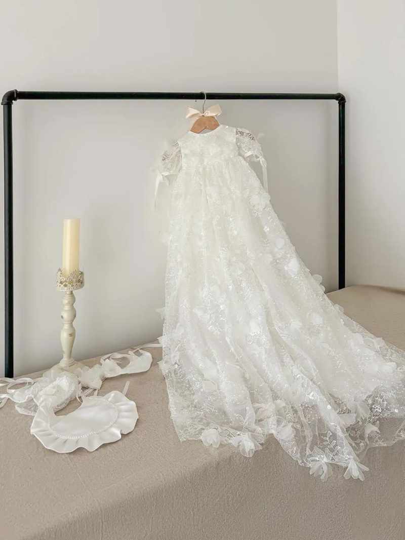 Classic First Communion Gown For Baby O Neck Sequins Tulle Christening Dresses For Newborns Short Sleeve Appliques Kid Formal Wear Baptism Dress